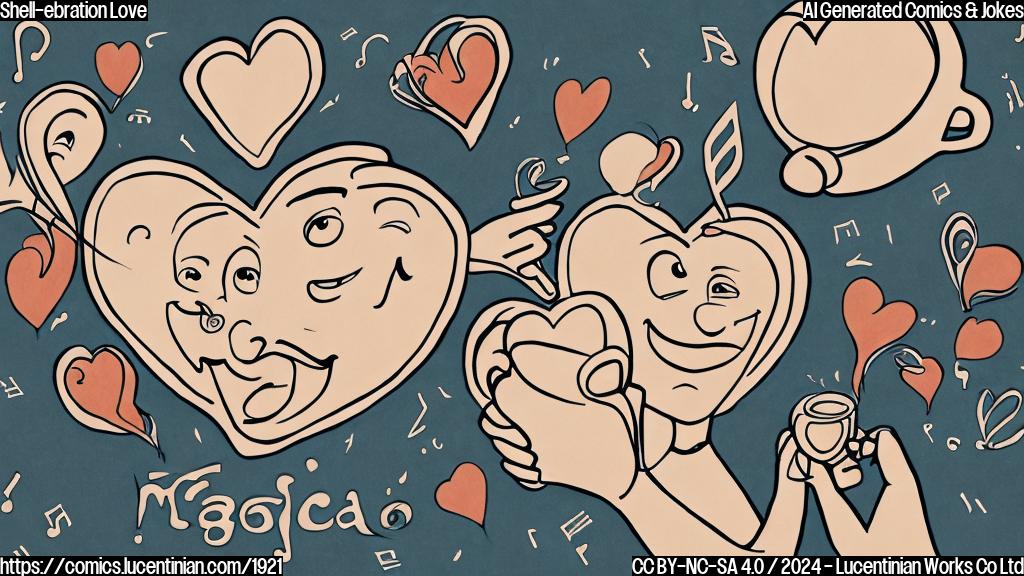 Draw a plain color cartoon style picture of a happy couple (man and woman) holding hands with a musical note background, surrounded by coffee cups with heart-shaped steam. Both characters should have a subtle smile on their faces.