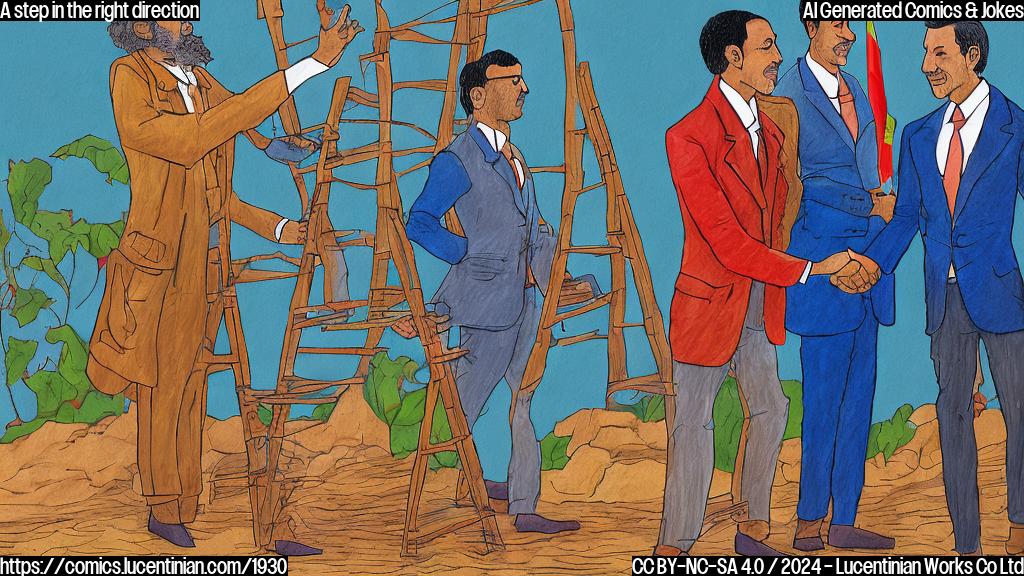 Illustration of a person holding a ladder, standing in front of a diplomatic building with two other diplomats from neighboring countries shaking hands with them. The background is a bright and colorful representation of the Middle Eastern region.