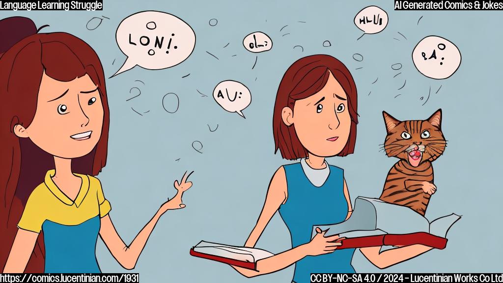 Illustrate a cartoon of a person (female) with a Spanish accent, holding a dictionary, looking frustrated with a thought bubble showing a cat "learning" Spanish