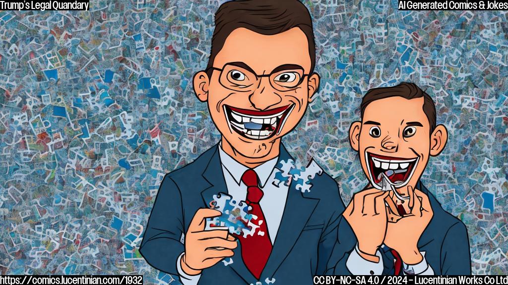 A cartoon style image of a person with a big smile on their face, biting into a puzzle piece that represents the concept of trust, surrounded by broken relationships and scattered papers, with a hint of a courthouse in the background. The color palette should be muted and serious, conveying a sense of disappointment and betrayal.