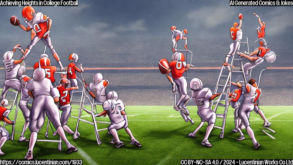 Draw a simple cartoon of a large football field with a few players standing on top of a stack of ladders, wearing football helmets and holding onto each other for support.