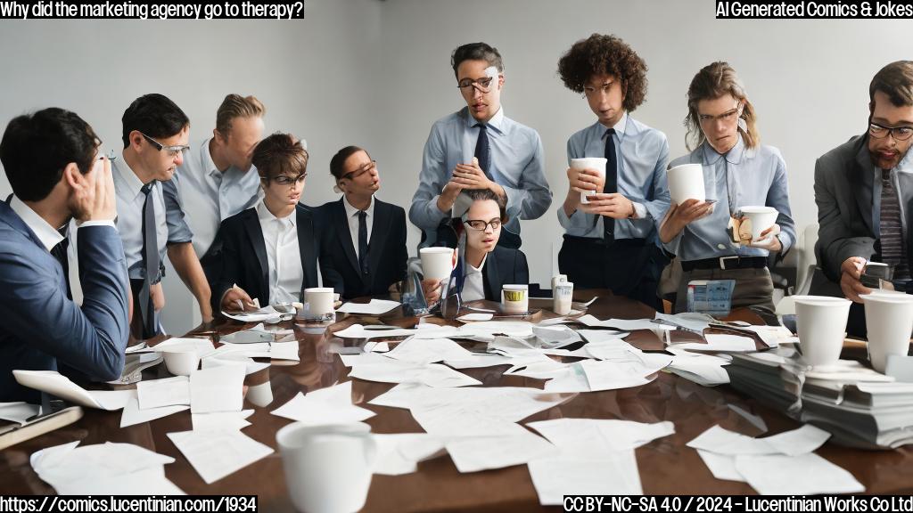 a group of stressed-looking humans with briefcases sitting at a conference table, surrounded by scattered papers and coffee cups, with one of them rubbing their temples in frustration