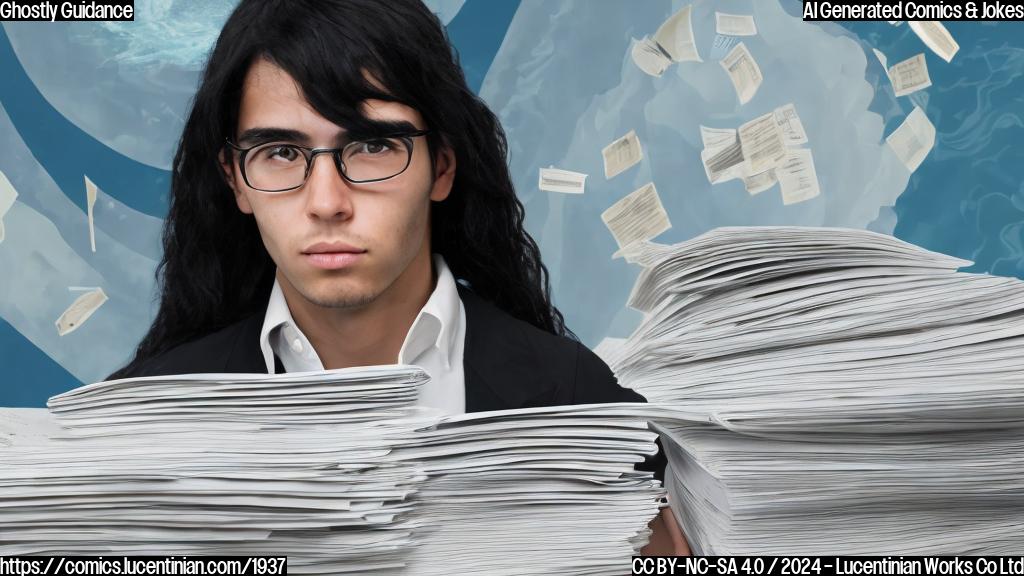 A young person with long, flowing black hair and a determined look on their face standing in front of a desk filled with papers and financial reports, surrounded by oceanic elements like seashells and driftwood.