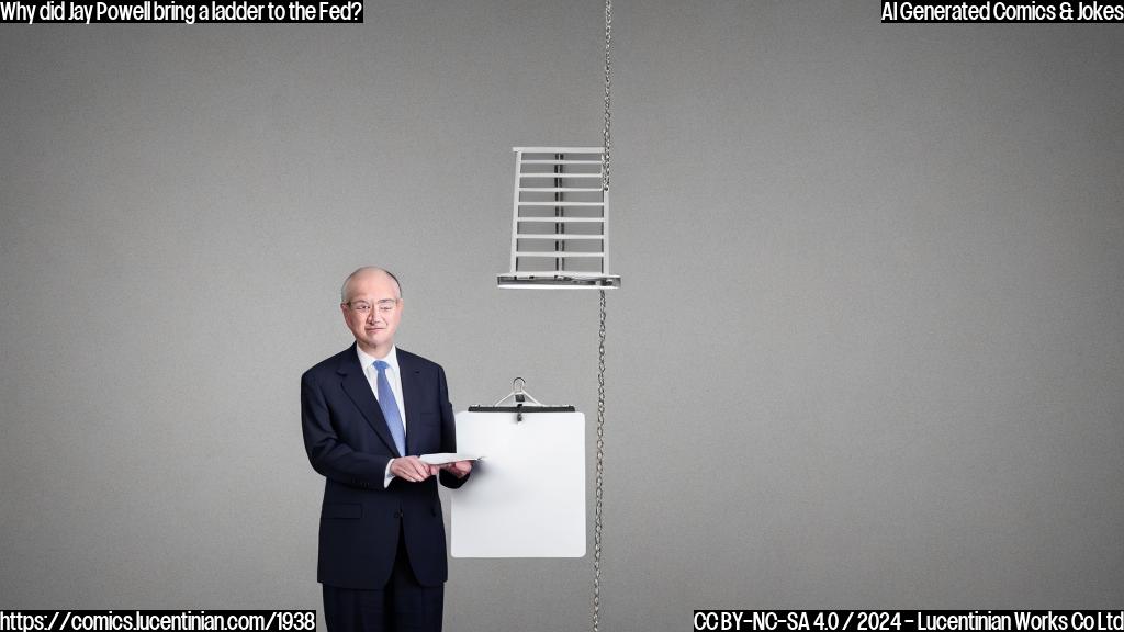 A central bank chairman, wearing a suit and holding a clipboard, standing in front of a large ladder that reaches high into the air with a chain attached to it. The background is a minimalist white or light-gray color scheme.