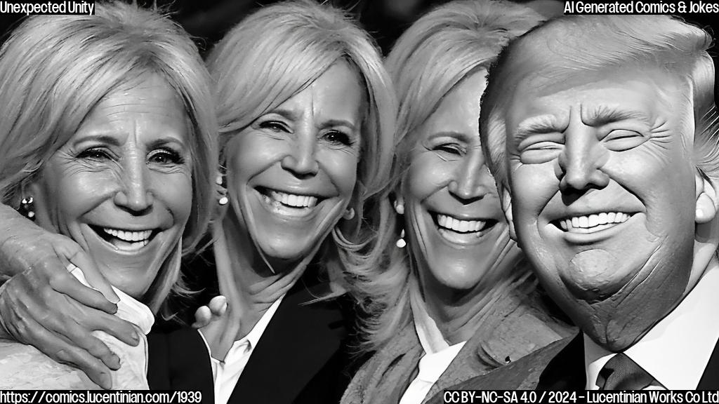 Draw a cartoon of a surprised-looking person with a shocked expression standing between two figures of President-elect Donald Trump and First Lady Jill Biden, who are both smiling and laughing at each other. The scene should be set in front of the Notre Dame Cathedral in Paris. The background should be a sunny day with clear blue skies and a few birds flying overhead.