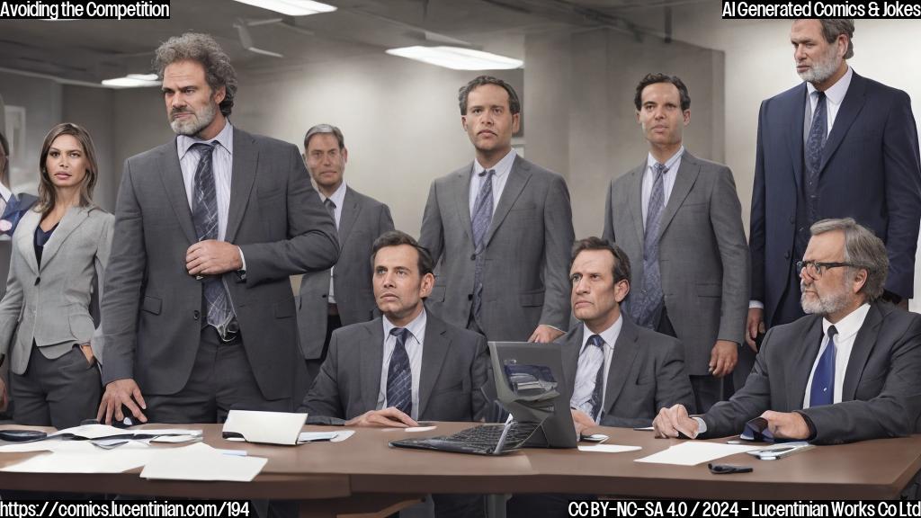 A disheveled, middle-aged man with a worn-out suit and a scowl on his face is shown standing behind a large desk, looking uninterested. In front of him, two executives from different companies (one wearing a DC Comics logo and another wearing a Warner Bros. logo) are trying to negotiate with him. The disheveled man is holding a ladder in one hand and gesturing dismissively with the other. He looks like he'd rather be anywhere else.