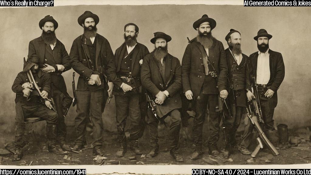 A group of bearded men wearing old clothing and armed with guns stand around a seated man with a stern expression, while two other men in similar clothing are giving the seated man a hard stare. The seated man has his arms crossed and is looking directly at the camera. In the background, there are buildings with damaged walls and debris scattered around.