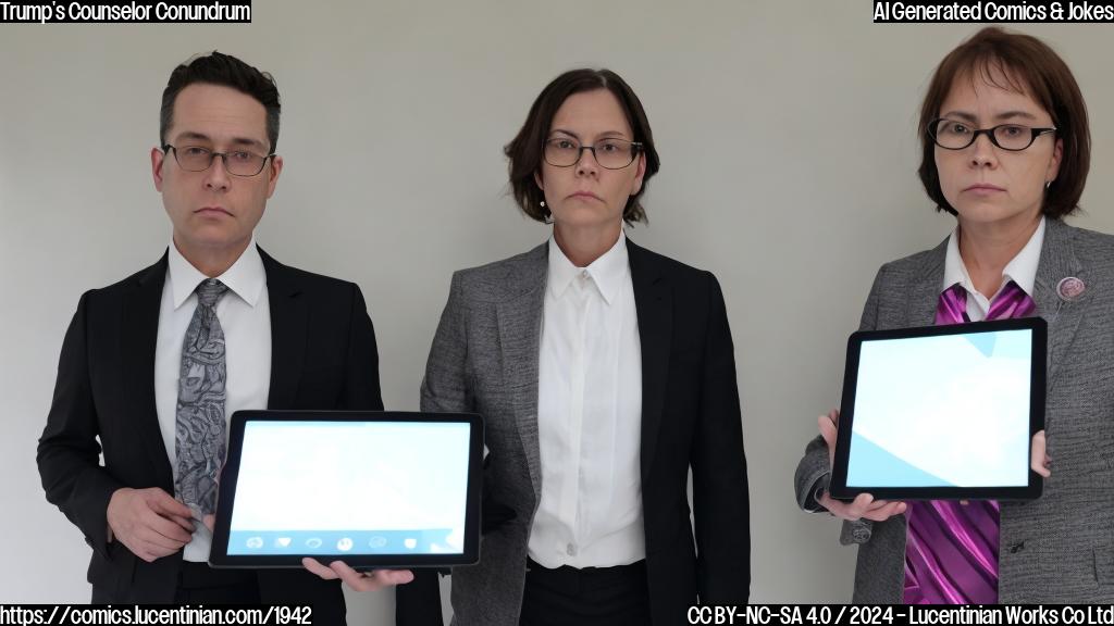 a middle-aged woman with a stern expression, wearing a suit and standing next to a man in a suit and tie, both looking serious. The man is holding a tablet with a screen displaying the Truth Social logo.