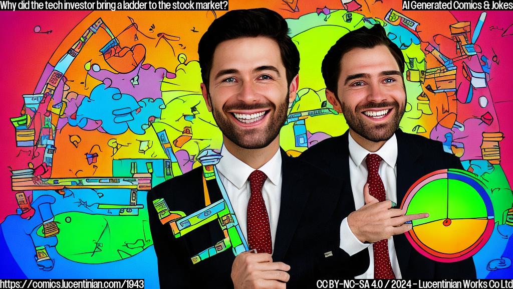 A cartoon of a person, wearing a suit and holding a ladder, standing in front of a colorful graph with rising stock prices. The person is smiling and looking up at the graph with excitement on their face.