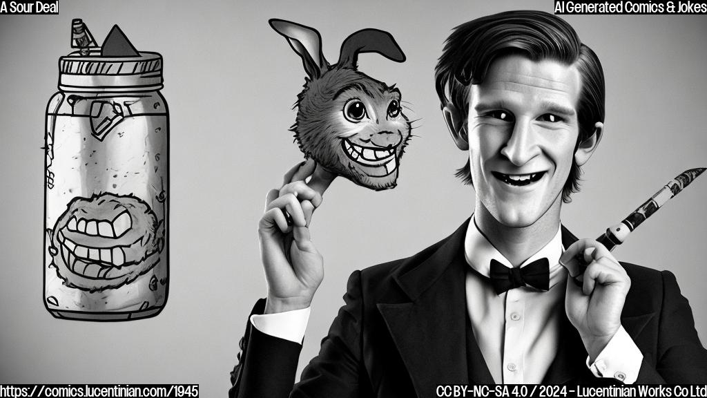 Draw a cartoon of Matt Smith as Bunny Munro, dressed in a suit with a big smile on his face and a pickle jar behind him, with a shocked expression on his face.