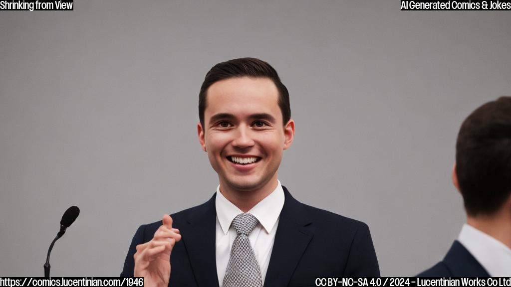 A person with their back to the camera, looking around cautiously, standing behind a podium or at a podium with their back turned to the audience, wearing a suit and tie, with a subtle hint of a smile on their face, in a neutral-colored background.