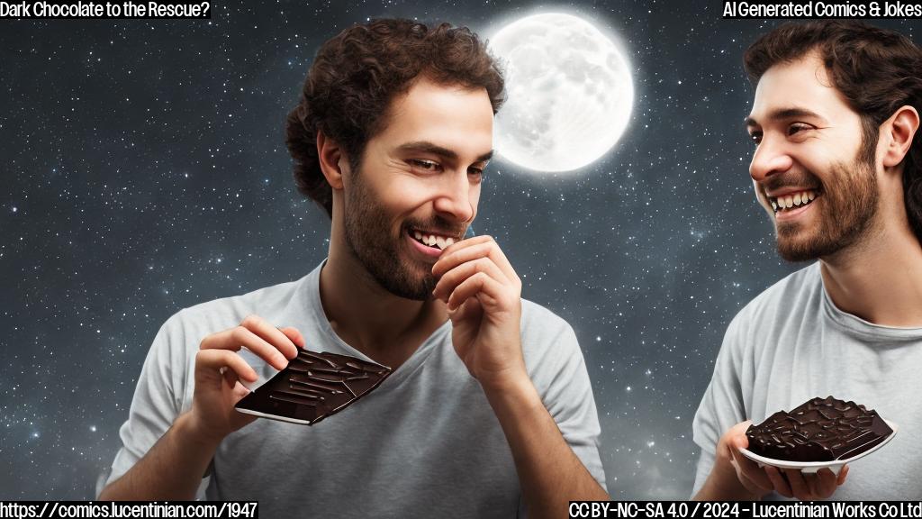 A person happily enjoying a piece of dark chocolate with a calm and relaxed expression, surrounded by a subtle moonlit background. The dark chocolate is the main focus, with a few pieces scattered around the character's hands and on the surface in front of them.