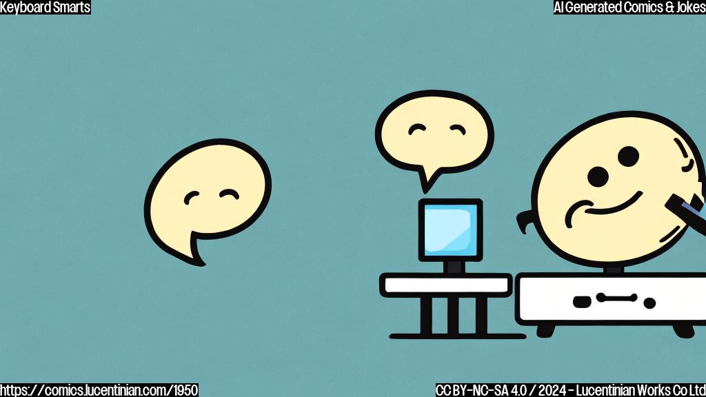 Draw a cartoon of a small, rounded computer with a smile on its screen, sitting in front of a miniature keyboard with a thought bubble above it. The thought bubble should have a picture of a person looking confused.