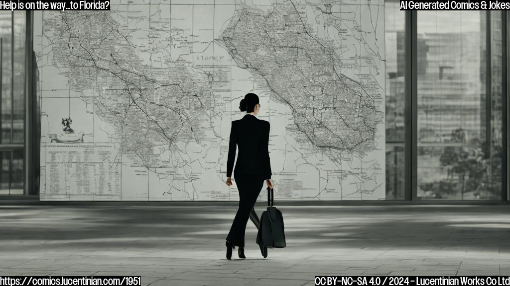 a woman in a suit and glasses holding a briefcase walking away from a large office building with a subtle hint of a map of Florida in the background