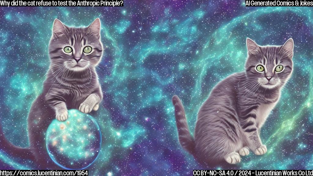 A cartoon style picture of a cat sitting on a cosmic scale, surrounded by tiny particles and celestial bodies, with a puzzled expression on its face. The background should be a subtle gradient of blues and purples, representing space and uncertainty.