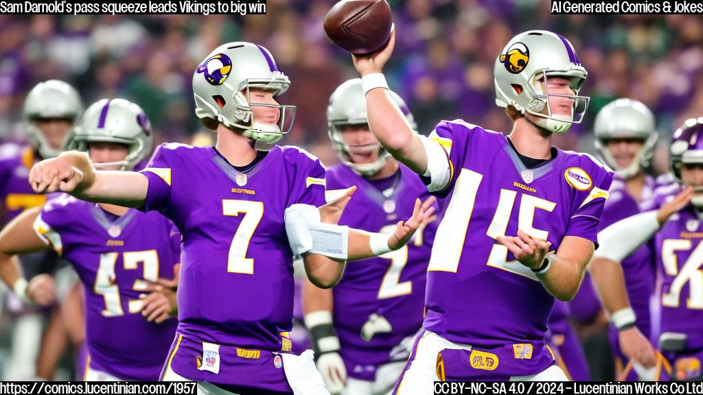 a cartoon of a quarterback (Sam Darnold) throwing a football with a smiling face, surrounded by Falcons players (Kirk Cousins and Brian Asamoah II) in the background with confused and frustrated expressions. The Vikings' logo is visible on the sidelines, while a goalpost and American flag are in the foreground to represent the Minneapolis-Minnesota area.