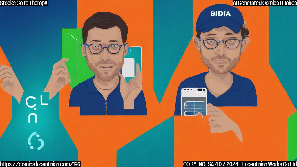 A blue chart with two lines, one labeled "Nvidia" in a green font and another labeled "DocuSign" in an orange font. The lines are moving downwards, intersecting at a point where the two characters are shown looking worried, with one holding a phone and the other holding a contract.