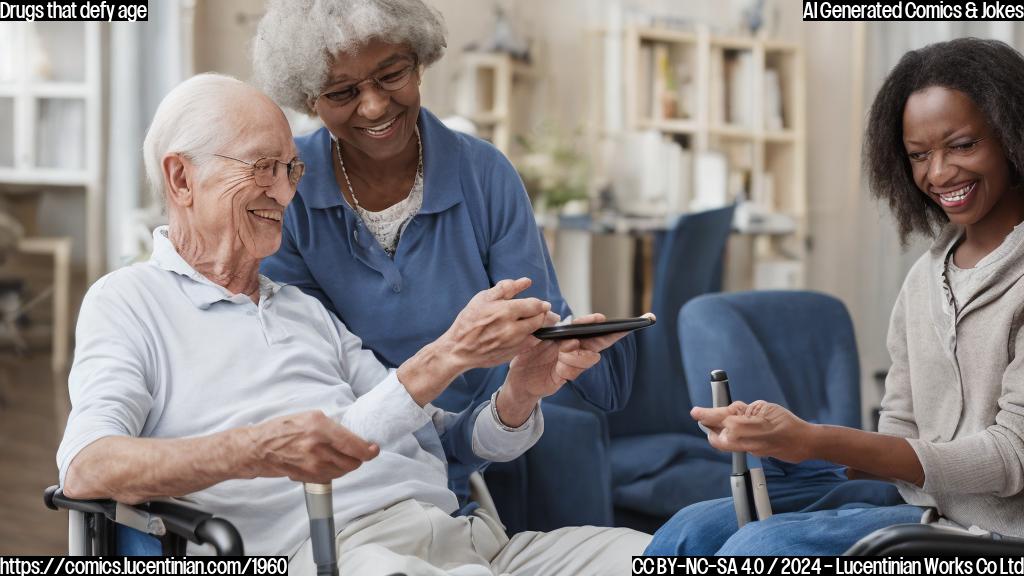 A person in their 60s, leaning on a cane, sitting next to a young woman who is smiling and holding a tablet with a pill on it