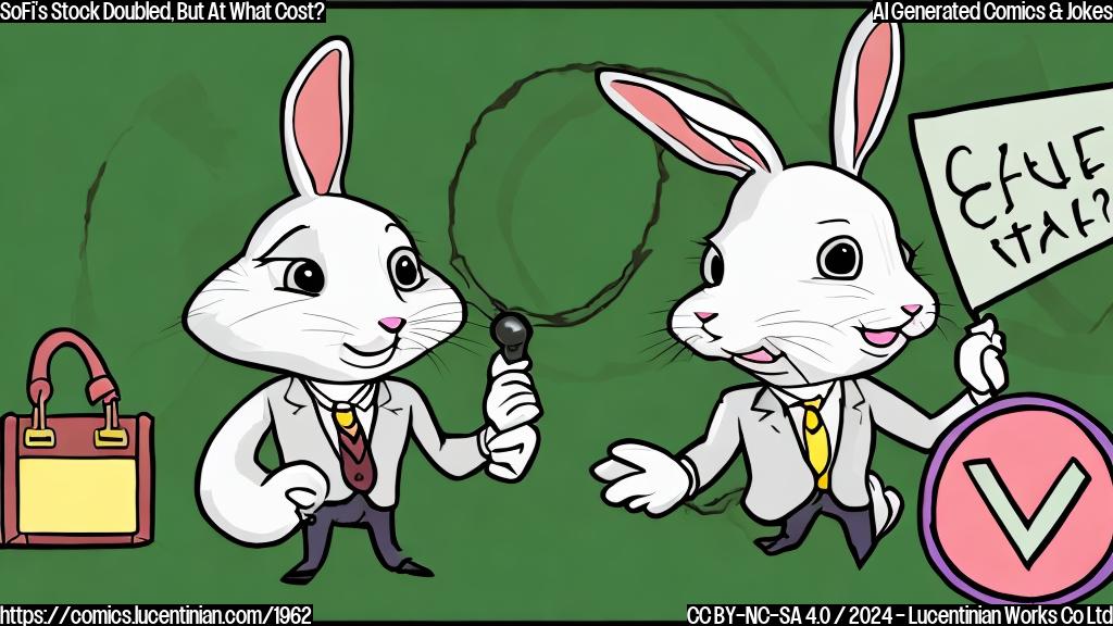 A cartoon style image of a rabbit wearing a suit and holding a briefcase standing next to a graph with a rapidly increasing line, surrounded by a circle with a green checkmark.