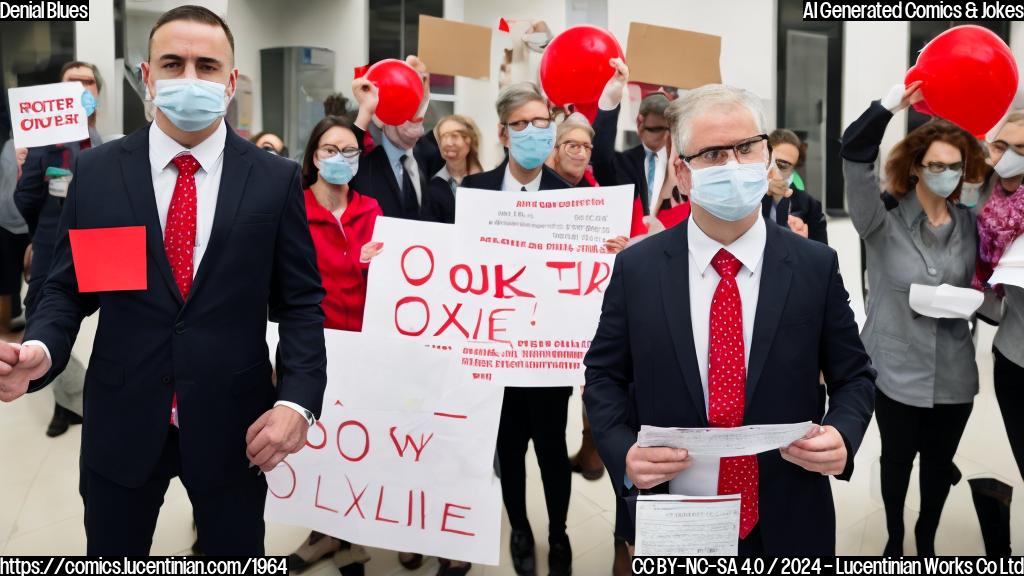 A person in a suit with a stern expression standing next to a medical bill with a red "X" marked through it, surrounded by frustrated patients holding protest signs that read "Cover Our Outrage".