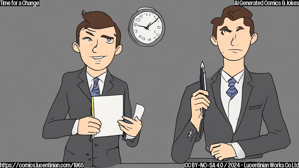 Draw a plain color cartoon style picture of a person holding a small notebook and pen, with a background of a desk with a clock on the wall. The person is wearing a suit and tie, and has a concerned expression on their face.