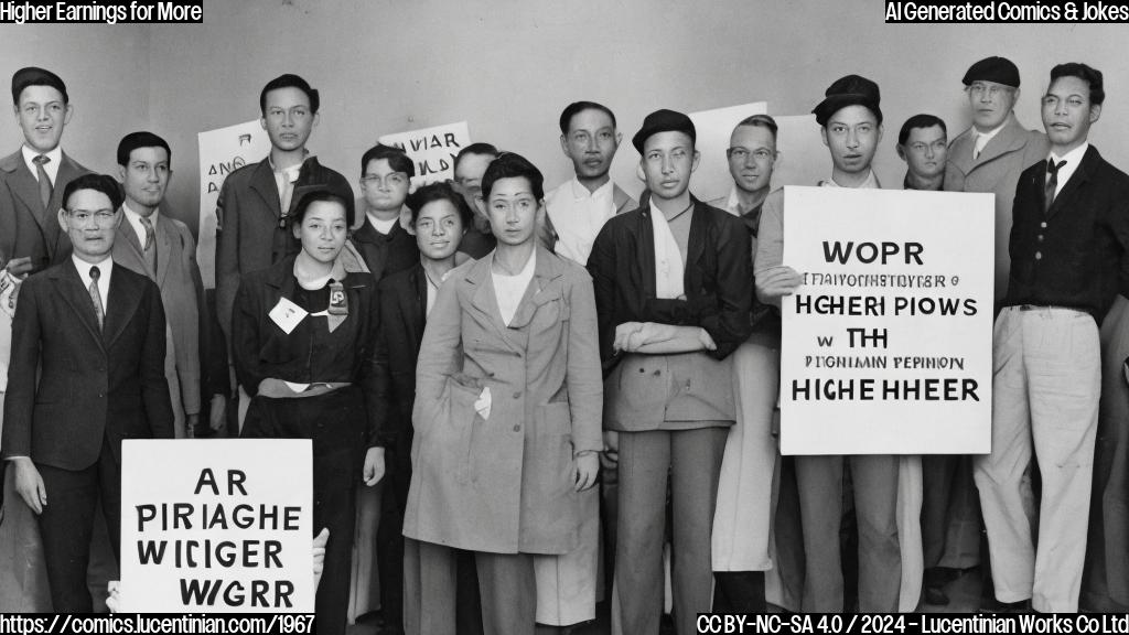 A person holding a sign that reads "Higher wages now" is standing next to a large step stool with a confident expression, surrounded by other workers in similar attire. The background is a simple, neutral-colored room with a wooden table and chairs.