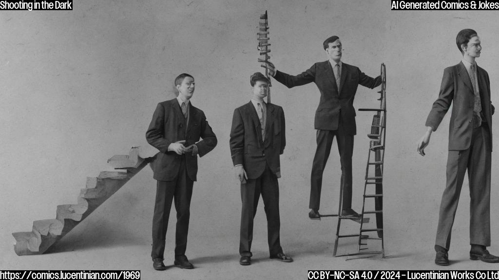 A group of two humans with briefcases standing on top of a tall, rectangular object with steps, looking up at the camera. The human on the left has a determined expression and is holding a ladder handle in hand. The human on the right is gesturing upwards and has a questioning look on their face. In the background, there's a subtle image of a court building or a courthouse with an American flag waving above it.