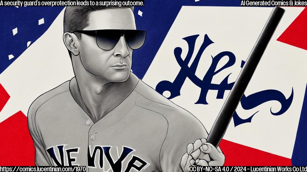 Draw a cartoon of a muscular, stern-looking man with a baseball bat and sunglasses standing in front of a large, white briefcase with a MLB logo on it. The man should be wearing a Yankees uniform with the number "42" on his jersey, which is also the iconic number worn by legendary Yankees great Derek Jeter. The briefcase should have a red X marked through it.