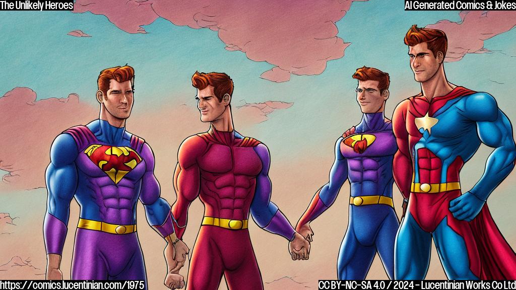 A cartoon-style drawing of two superheroes, one with red hair (Ryan Reynolds) wearing a purple suit and sporting a confident smirk, standing next to another superhero with short brown hair (Andrew Garfield) in an orange suit, both holding onto each other's arms while looking into each other's eyes under a city sky at sunset. The background is filled with colorful, swirling patterns resembling fireworks.