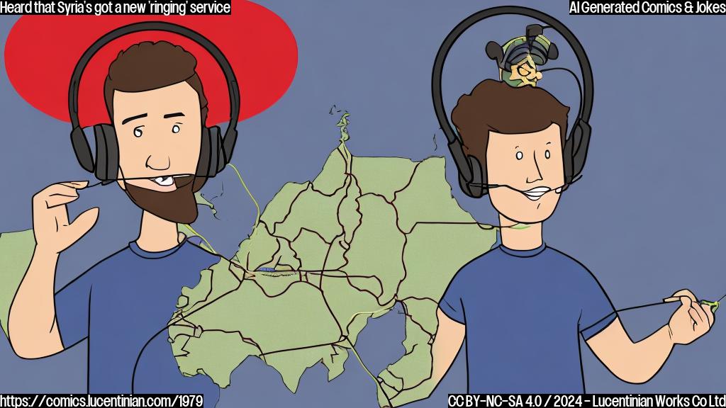 A cartoon of a person wearing a headset with a phone on their shoulder, standing in front of a map of the Middle East with a red circle around a few army bases, and a speech bubble coming out of the headset saying "ringing" with a sly smile