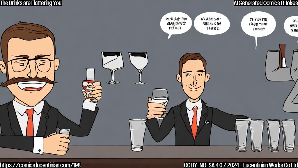 A cartoon of a person sitting at a bar with two glasses in front of them. One glass has a suit and tie, and the other has a dress shirt. A speech bubble coming from each glass says something positive about the person's outfit. The bartender is standing behind the bar with a neutral expression.