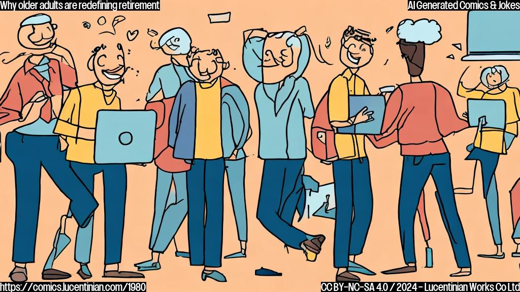 Draw a simple cartoon of a smiling older adult (around 60s-70s) with a briefcase or a laptop in hand, surrounded by a few energetic and youthful co-workers. The background should have a blurred image of a modern office with people working on computers.