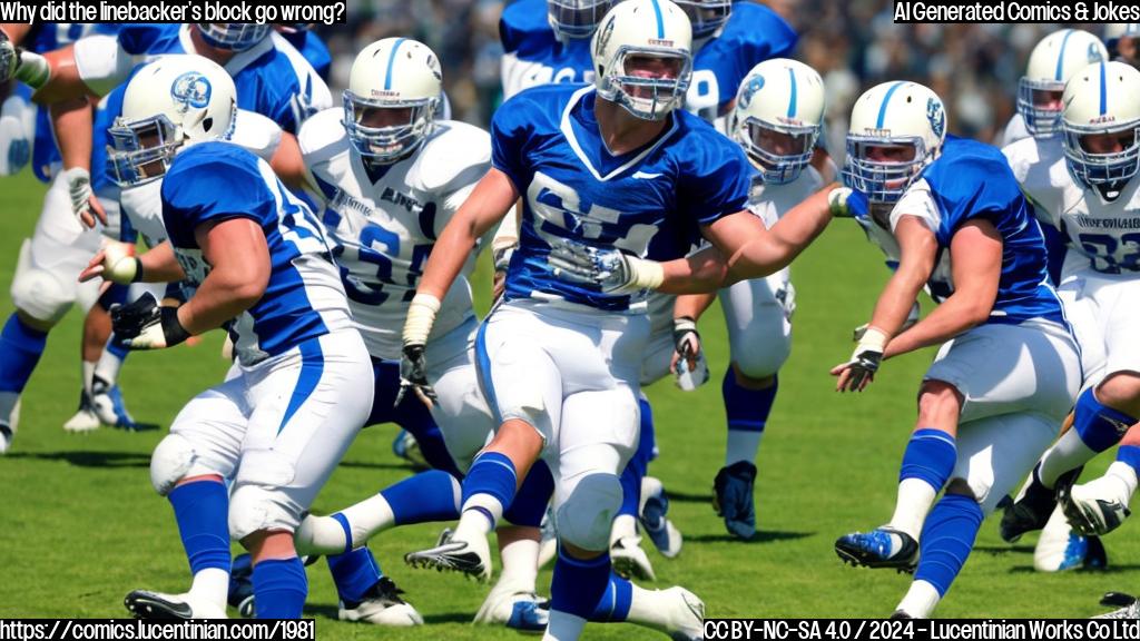 A linebacker blocking a kick with his head as a punter kicks the ball in a football game. The linebacker is wearing a helmet and pads, while the punter has a football in one hand.