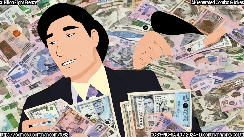 Cartoon of a businessperson holding a wallet with a suitcase in the background, surrounded by Japanese yen bills and flying icons