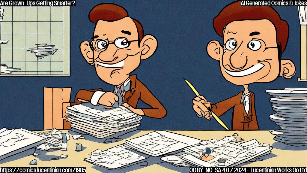 A cartoon-style image of an adult sitting at a desk with a puzzled expression, holding a ruler and trying to fit it under a stack of plates representing their responsibilities. The background is a blurred gradient of work-related tasks and deadlines.