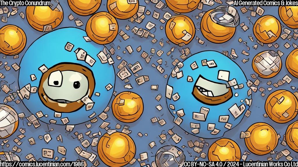 Draw a cartoon of a smiling, speech bubble-emitting, pixelated ball with a puzzled expression and a miniature laptop on its head, surrounded by scattered coins and confused-looking robots.