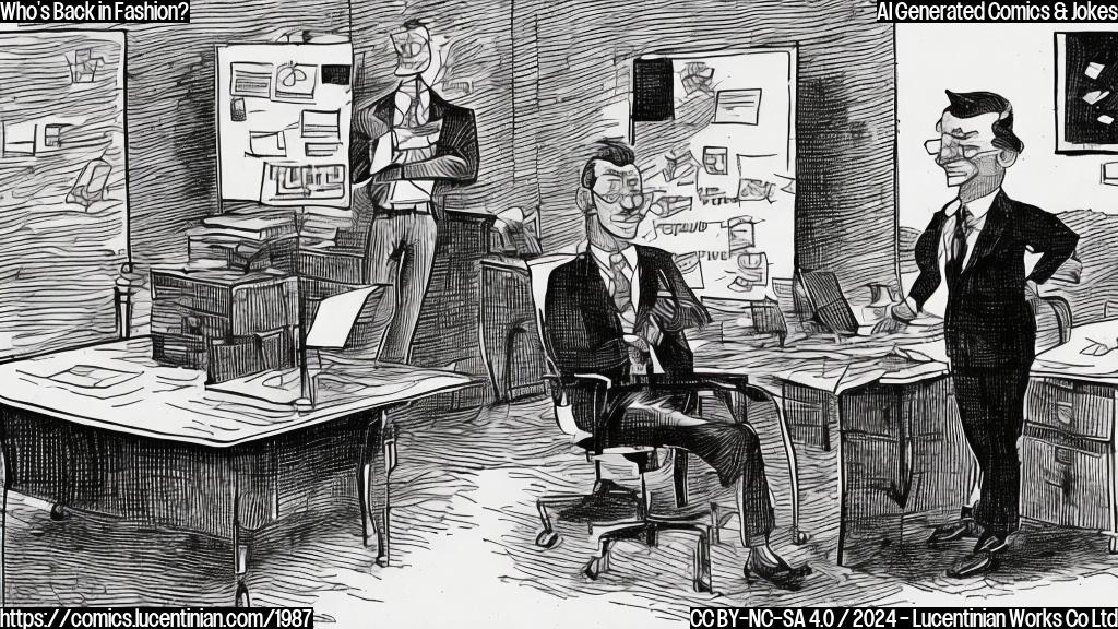 A cartoon of a person wearing a suit and tie, holding a briefcase and standing next to another person who is sitting in an office chair with a red flag or "X" marked through it, symbolizing being fired. The person wearing the suit and tie should have a surprised expression, while the person in the office chair looks relieved.