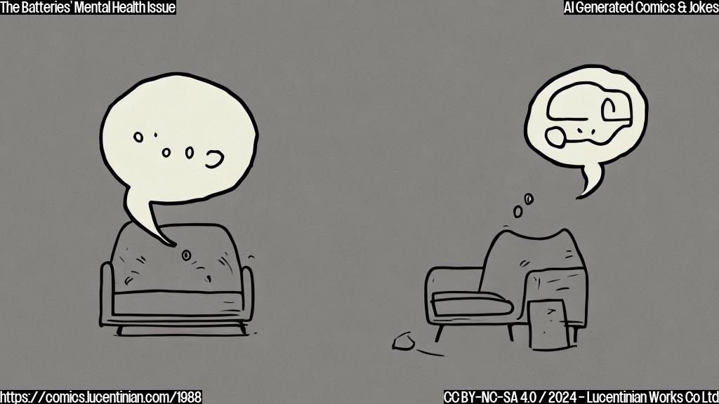 Draw a simple cartoon style picture of a sad-looking battery sitting on a therapist's couch with a thought bubble above it, surrounded by faint lines indicating emotional distress.