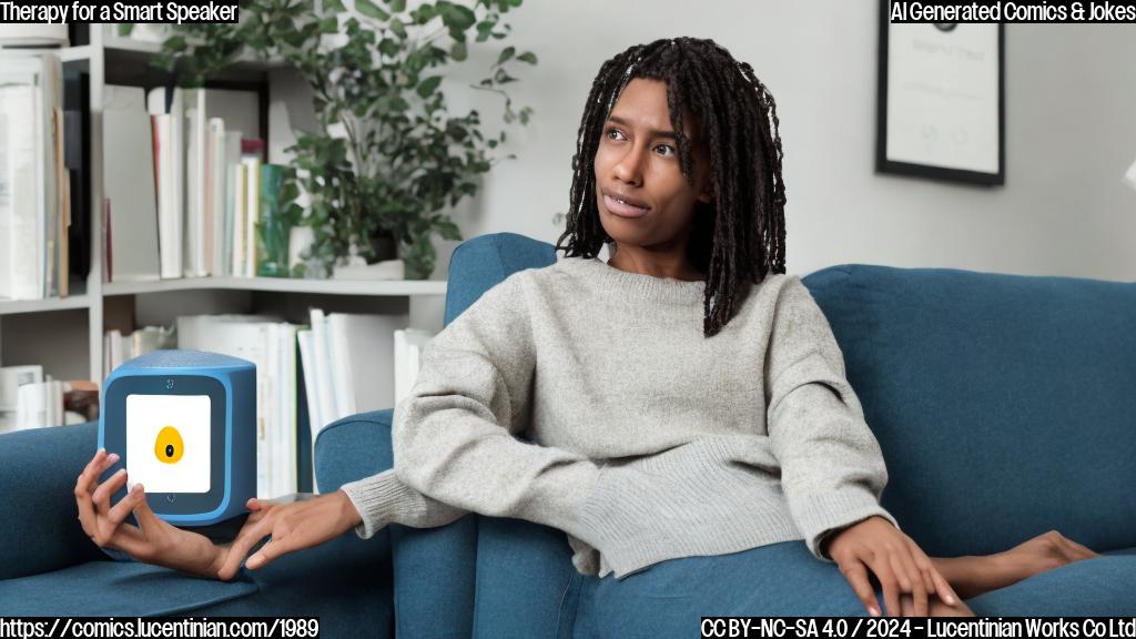 A smart speaker sitting on a therapist's couch with a puzzled expression. The speaker has a screen display showing various emojis of people connecting devices. In the background, there are books and notes about AI and mental health.