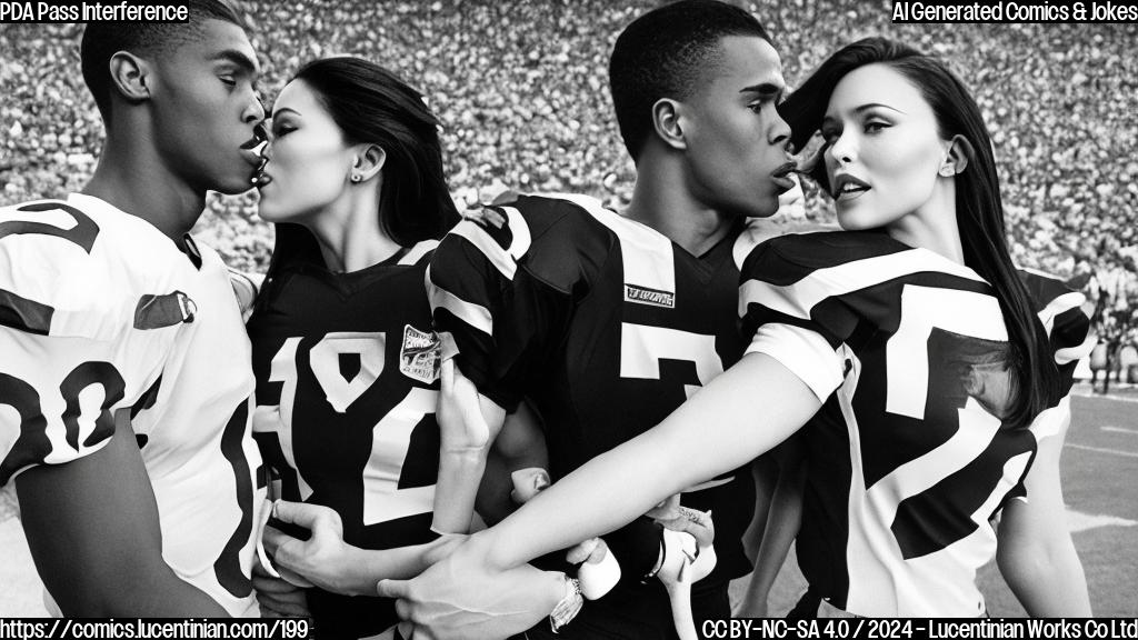 A female celebrity, dressed in a sleek sports jersey and high heels, shares a kiss with a handsome football player wearing a jersey with his team's logo. The football player is holding a football, and the female celebrity has her arm around him. The scene is set in a stadium, with cheering fans in the background. The football player's face is contorted in excitement, and the female celebrity has a bright smile on her face. Both characters are looking directly at each other, conveying their happiness and affection.