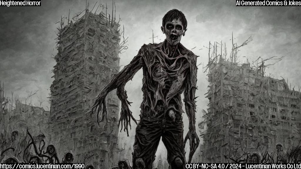 Draw a plain color cartoon-style picture of a zombie (with a human-like face and tattered clothing) holding a ladder, standing in front of a desolate cityscape with a massive horde of other zombies in the background. The ladder should be leaning against a crumbling building, and Cillian Murphy's character should have a menacing expression on his face as he gazes up at something beyond the horizon.