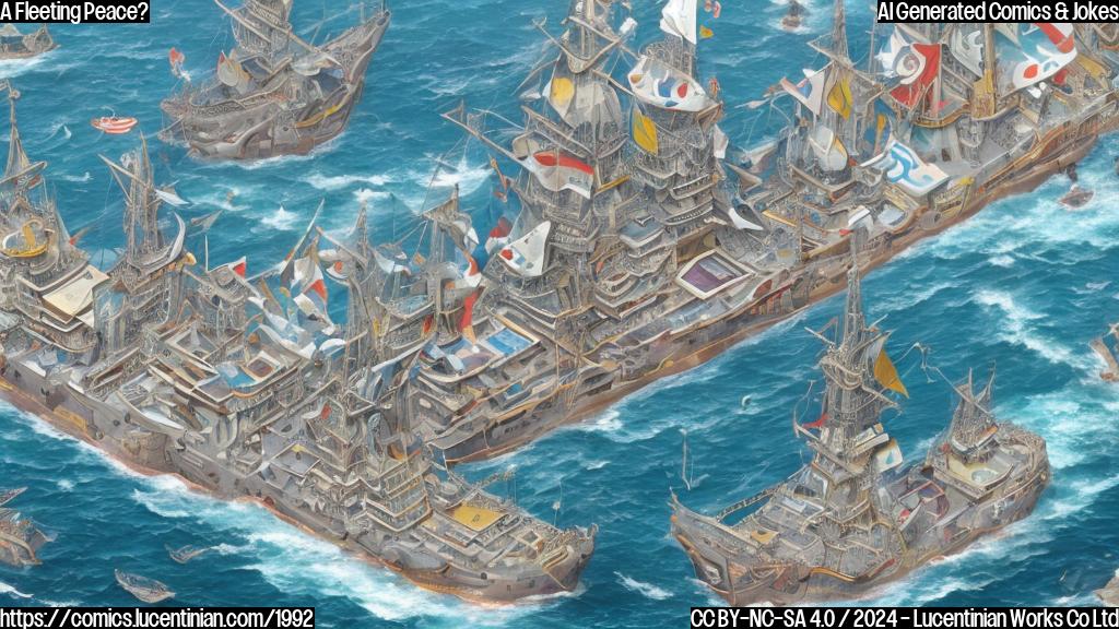 Depiction of a large fleet of ships with a giant, puzzle-piece map in the background. The ships should be depicted as being pulled in different directions, symbolizing their constant redirection towards conflict.