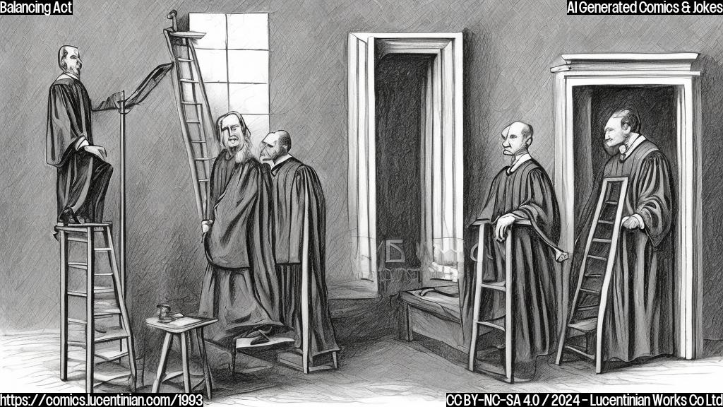 Draw a cartoon of a stern-looking judge standing on a ladder, with a former president sitting in the defendant's chair below him, looking worried and holding onto the ladder for support. The background should be a courtroom with a faint image of a map of Syria visible through the window.