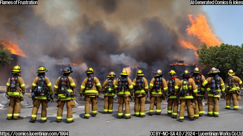 a group of firefighters with heavy breathing, wearing flame-resistant gear and carrying water bottles, standing in front of a burning building with flames licking at their helmets