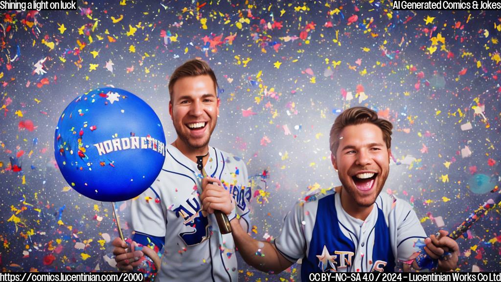 a cartoon of a person holding a baseball bat, with a big smile and a star above their head, surrounded by confetti and balloons in front of a MLB logo, with a bright light shining on them. The background is a blurred image of the Winter Meetings conference room in Dallas.