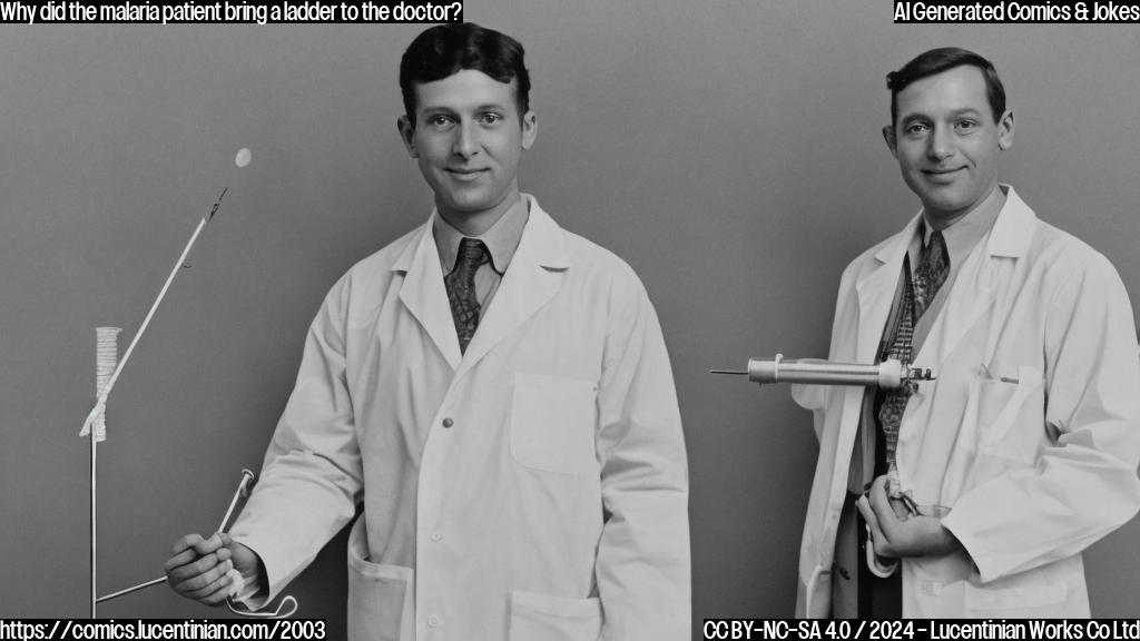 A person holding a ladder with a test tube in one hand and a thermometer in the other, standing in front of a medical professional wearing a lab coat.