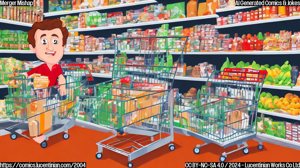 A cartoon style image of a grocery cart with a thinking face and a split personality, one half looking confident and the other half looking uncertain, surrounded by shelves and products with a red X symbol over them.