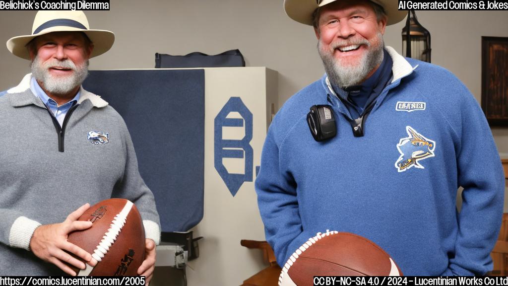 A grizzled football coach with a long white beard and a fedora, wearing a Carolina blue sweater, stands next to a large football with a hint of a smile on his face, while a briefcase filled with NFL coaching gear is seen in the background.