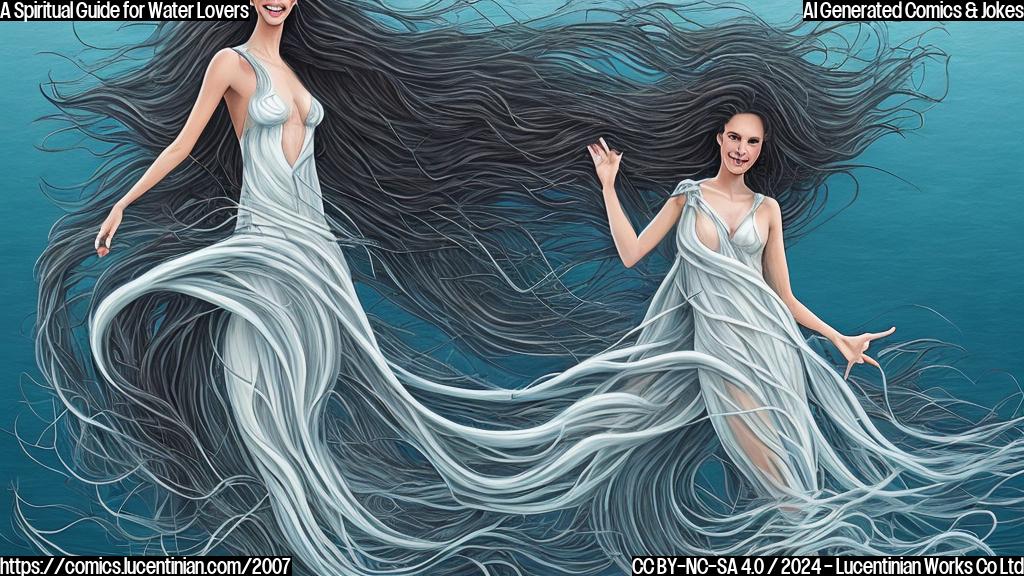 Draw a cartoon-style picture of a smiling, humanoid figure with long, flowing hair made of seaweed, wearing a flowing white gown, holding a ladder and standing in front of a serene ocean background.