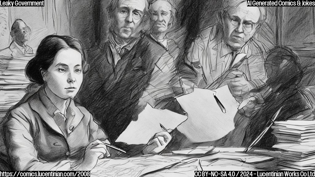 Illustration of a bored-looking woman holding a pen with a scribbled drawing on the end, sitting in front of a government desk with a puzzled secretary looking up from behind a stack of papers